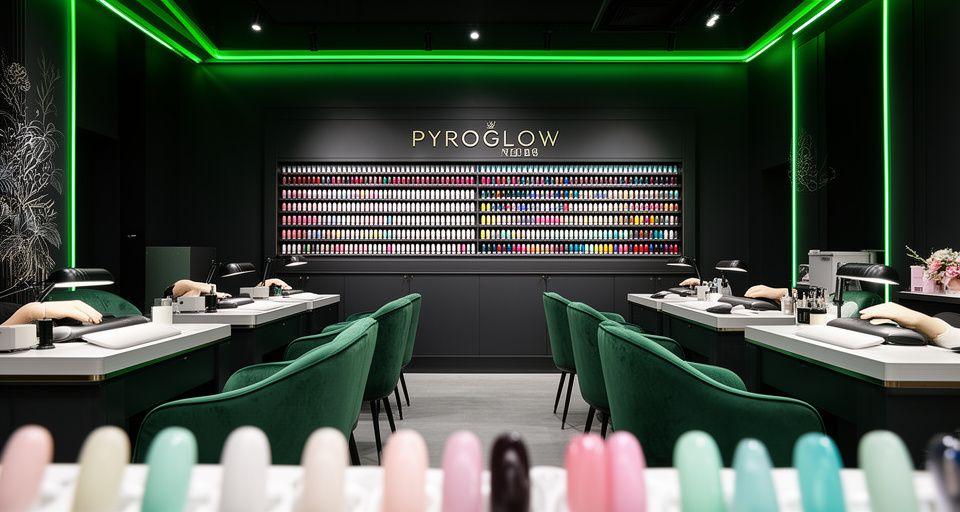 Elegant nail salon interior at PyroGlow Nails on Zhongshan 5th Road in Yuexiu District, Guangzhou, featuring sleek dark decor with neon green accent lighting, manicure stations with plush chairs, and a display of gel nail colour swatches
